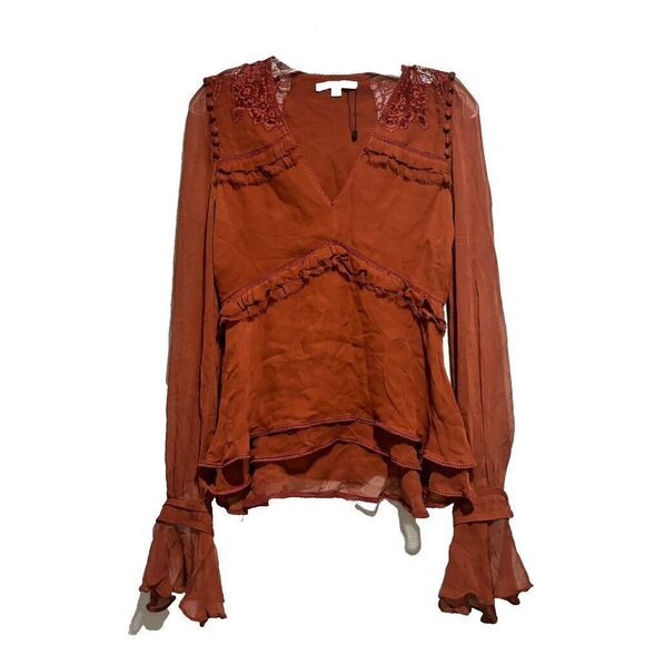 NWOT Jonathan Simkhai Silk V-Neck Blouse XS Brown Long Sleeve Ruffle Lace Detail - Picture 2 of 10